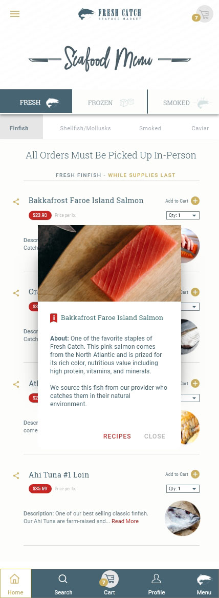 Seafood Market Mobile App Menu Page Design
